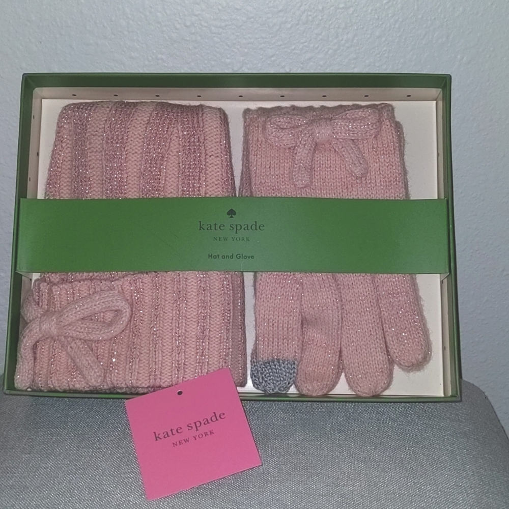 Kate Spade Pink Sparkle Touchscreen Finger Winter Glove and Beanie Set With Bow